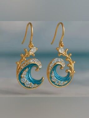 New 18K Asymmetrical Crystal Wave Earrings